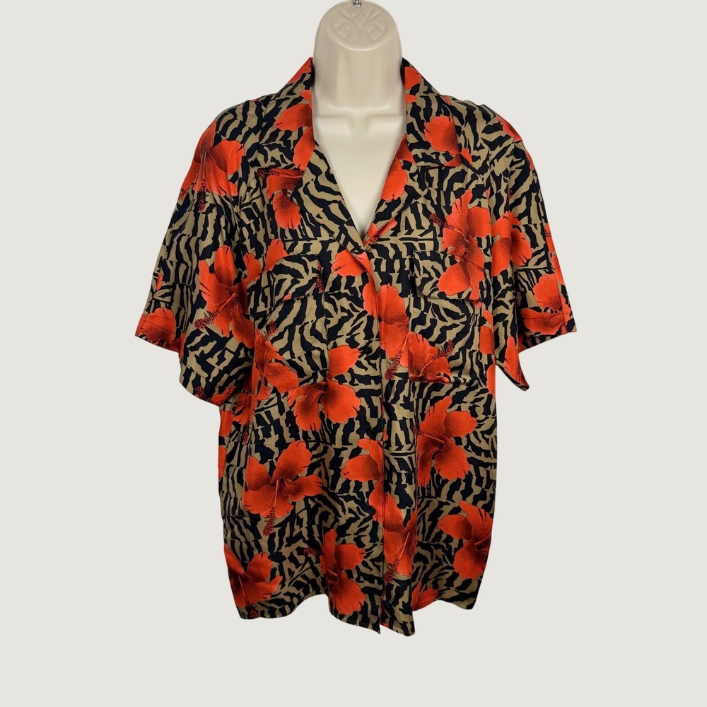 Vtg Diane Gilman Silk Shirt M Orange Hibiscus Zebra Print Button Up Hawaiian